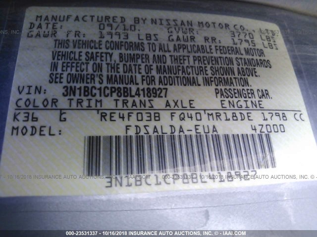 3N1BC1CP8BL418927 - 2011 NISSAN VERSA S/SL SILVER photo 9