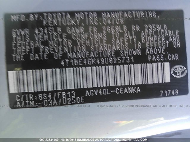 4T1BE46K49U825731 - 2009 TOYOTA CAMRY SE/LE/XLE BLUE photo 9