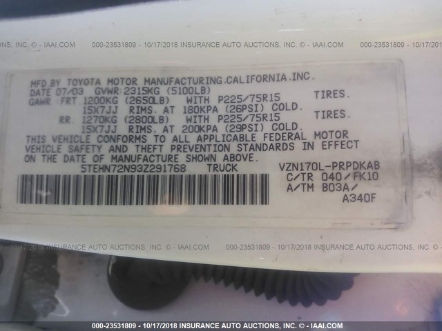 5TEHN72N93Z291768 - 2003 TOYOTA TACOMA DOUBLE CAB 白色 照片 9