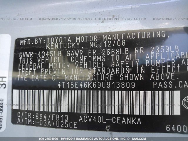 4T1BE46K69U913809 - 2009 TOYOTA CAMRY SE/LE/XLE Light Blue photo 9