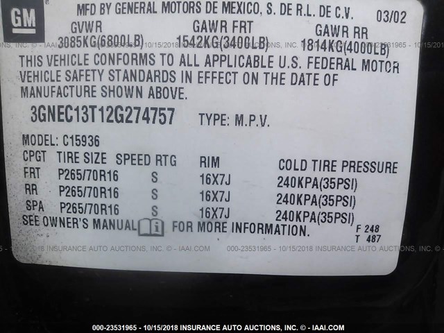 3GNEC13T12G274757 - 2002 CHEVROLET AVALANCHE C1500 GREEN photo 9