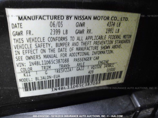 1N4BL11D65C387088 - 2005 NISSAN ALTIMA SE/SL/SE-R GRAY photo 9