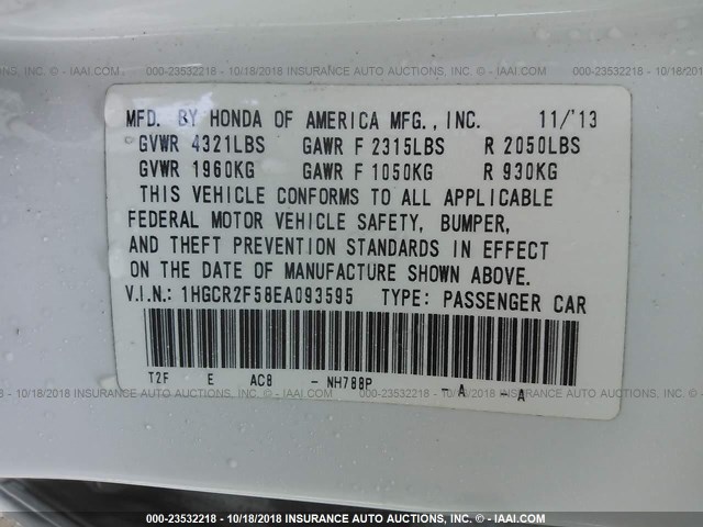 1HGCR2F58EA093595 - 2014 HONDA ACCORD SPORT WHITE photo 9