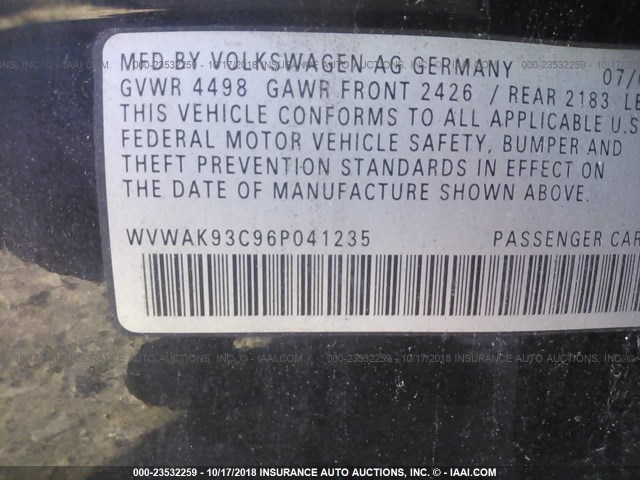 WVWAK93C96P041235 - 2006 VOLKSWAGEN PASSAT 2.0T/2.0T VALUE BLACK photo 9