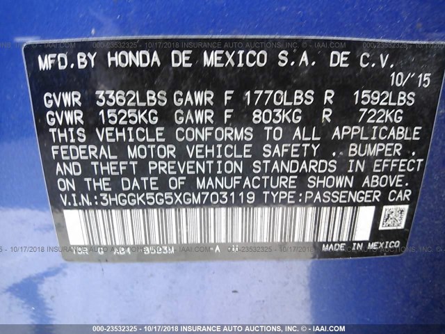 3HGGK5G5XGM703119 - 2016 HONDA FIT LX BLUE photo 9