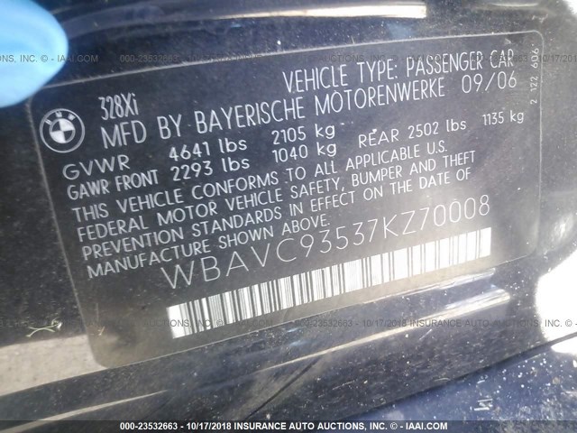 WBAVC93537KZ70008 - 2007 BMW 328 XI BLACK photo 9