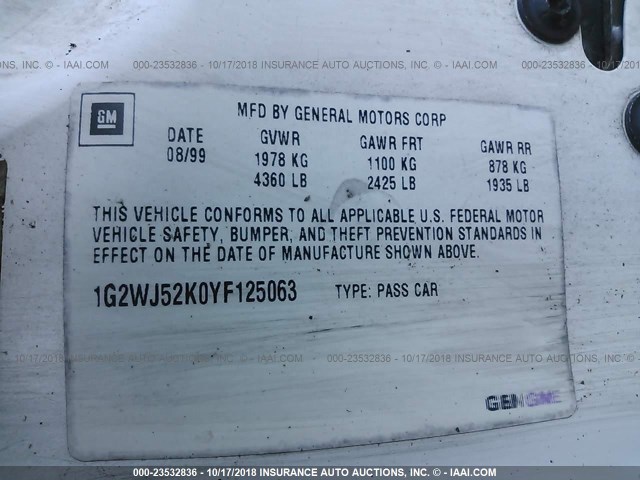 1G2WJ52K0YF125063 - 2000 PONTIAC GRAND PRIX SE WHITE photo 9