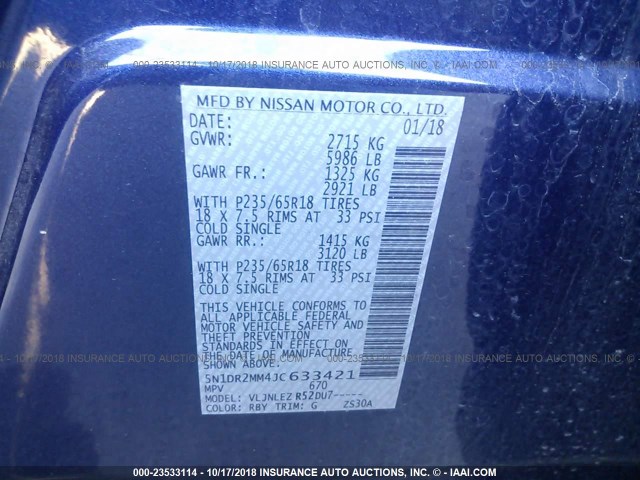 5N1DR2MM4JC633421 - 2018 NISSAN PATHFINDER S/SV/SL/PLATINUM BLUE photo 9