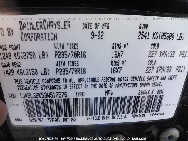 1J4GL38K53W517576 - 2003 JEEP LIBERTY RENEGADE BLACK photo 9