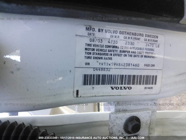 YV1SW59V842381460 - 2004 VOLVO V70 FWD WHITE photo 9