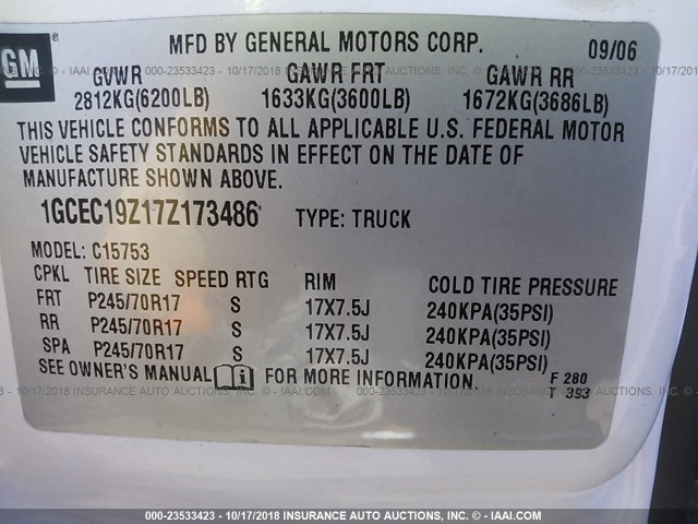 1GCEC19Z17Z173486 - 2007 CHEVROLET SILVERADO C1500 CLASSIC WHITE photo 9