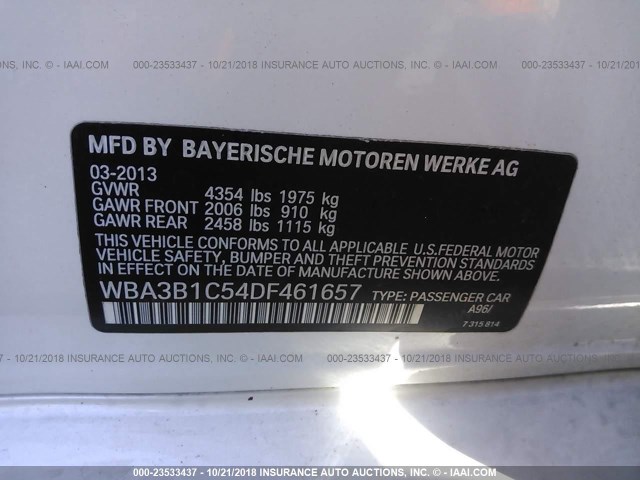 WBA3B1C54DF461657 - 2013 BMW 320 I WHITE photo 9
