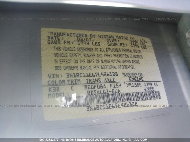 3N1BC11E67L426128 - 2007 NISSAN VERSA S/SL BEIGE photo 9