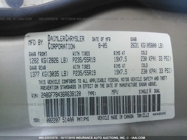 2A8GF78436R638120 - 2006 CHRYSLER PACIFICA LIMITED GOLD photo 9