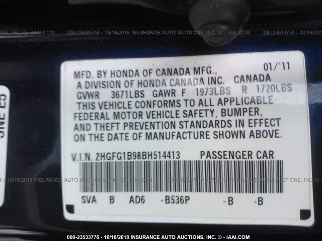 2HGFG1B98BH514413 - 2011 HONDA CIVIC EXL BLUE photo 9