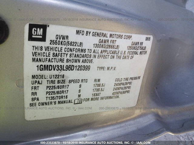 1GMDV33L96D120399 - 2006 PONTIAC MONTANA SV6 SILVER photo 9