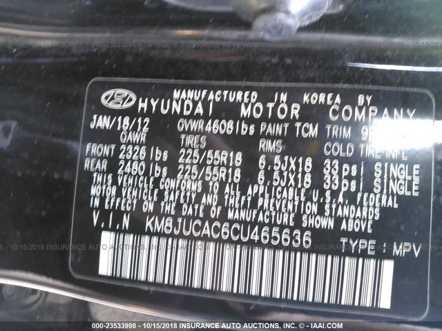 KM8JUCAC6CU465636 - 2012 HYUNDAI TUCSON GLS/LIMITED BLACK photo 9