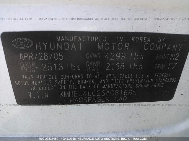 KMHEU46C26A081665 - 2006 HYUNDAI SONATA GLS/LX WHITE photo 9