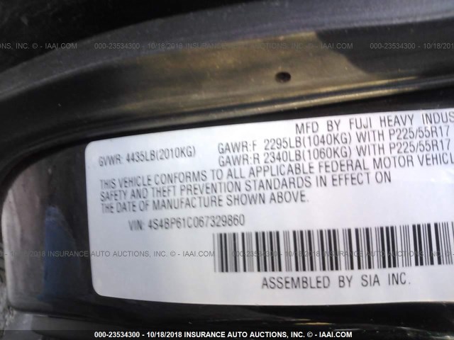 4S4BP61C067329860 - 2006 SUBARU LEGACY OUTBACK 2.5I BLACK photo 9