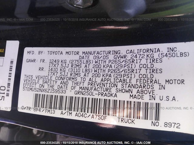 5TEMU52NX6Z159533 - 2006 TOYOTA TACOMA DOUBLE CAB LONG BED BLUE photo 9