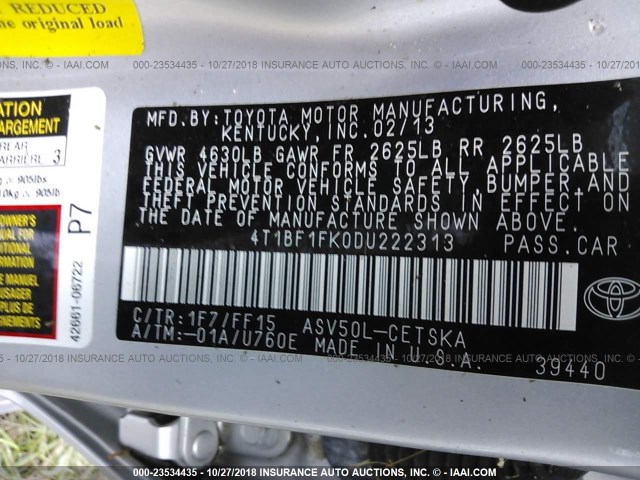 4T1BF1FK0DU222313 - 2013 TOYOTA CAMRY L/SE/LE/XLE 银色 照片 9