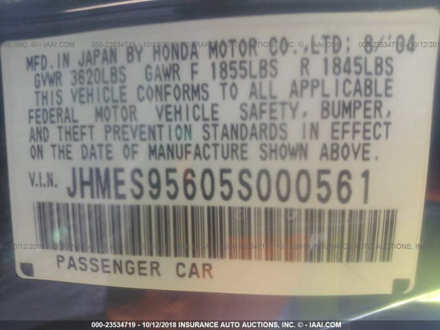 JHMES95605S000561 - 2005 HONDA CIVIC HYBRID BLUE photo 9