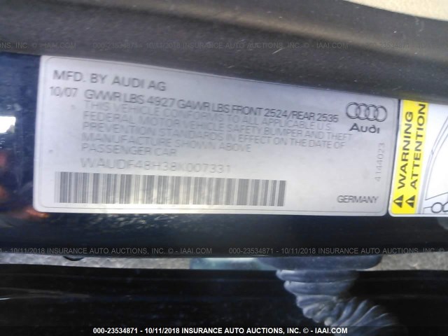 WAUDF48H38K007331 - 2008 AUDI A4 2.0T CABRIOLET QUATTRO BLUE photo 9