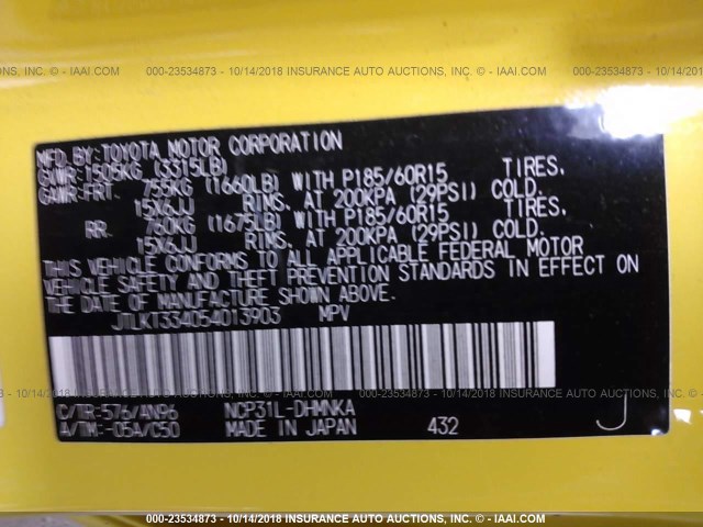 JTLKT334054013903 - 2005 TOYOTA SCION XB Amarillo foto 9