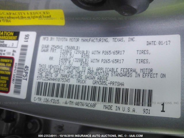 5TFCZ5AN4HX075345 - 2017 TOYOTA TACOMA DBL CAB/SR/TRDSPT/OR/PRO ნაცრისფერი ფოტო 9