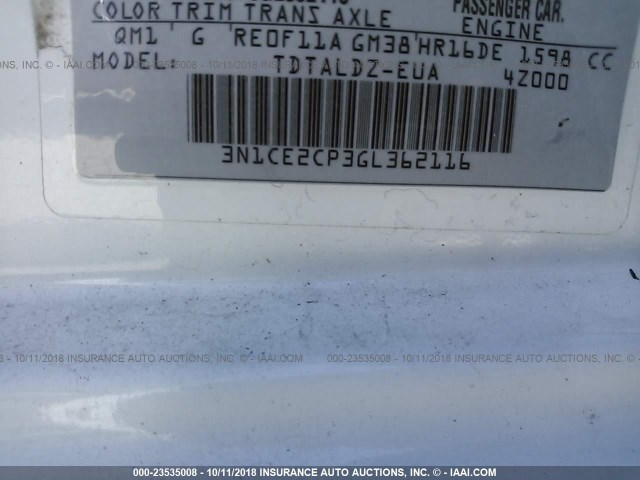 3N1CE2CP3GL362116 - 2016 NISSAN VERSA NOTE S/S PLUS/SV/SL/SR WHITE photo 9