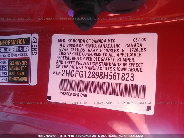 2HGFG12898H561823 - 2008 HONDA CIVIC EX 红色 照片 9