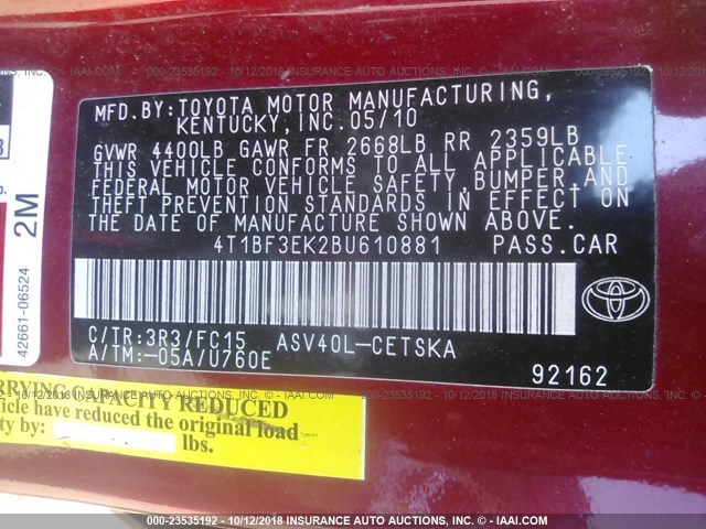 4T1BF3EK2BU610881 - 2011 TOYOTA CAMRY 红色 照片 9