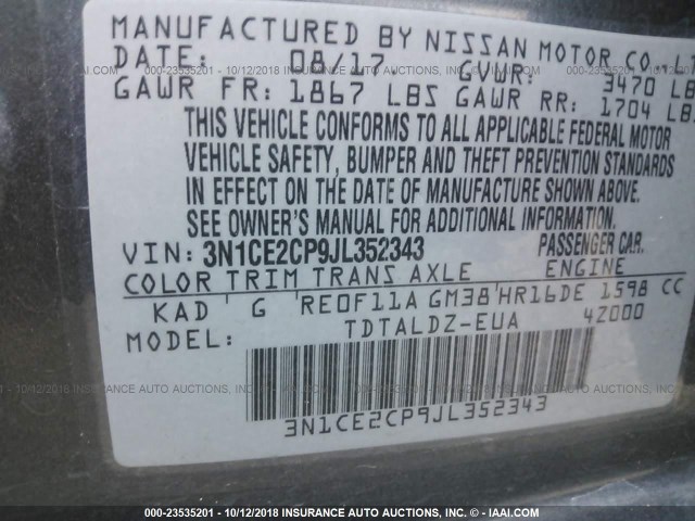 3N1CE2CP9JL352343 - 2018 NISSAN VERSA NOTE S/S PLUS/SV/SL/SR GRAY photo 9