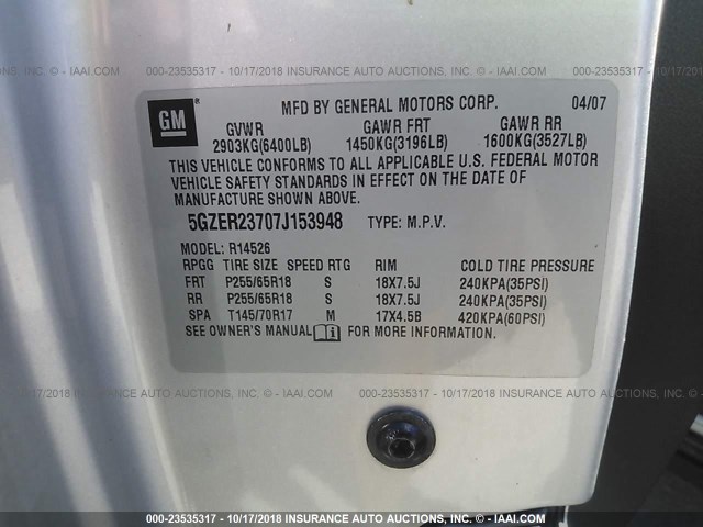 5GZER23707J153948 - 2007 SATURN OUTLOOK XR ნაცრისფერი ფოტო 9