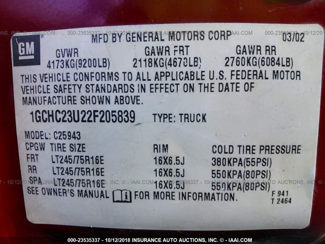 1GCHC23U22F205839 - 2002 CHEVROLET SILVERADO C2500 HEAVY DUTY RED photo 9