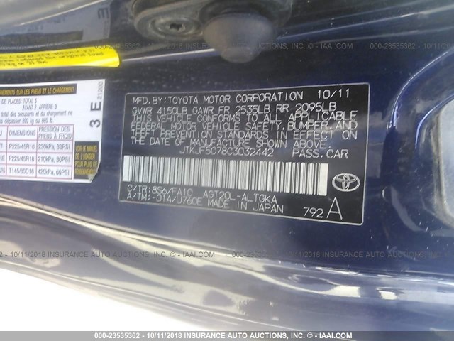 JTKJF5C78C3032442 - 2012 TOYOTA SCION TC 蓝色 照片 9