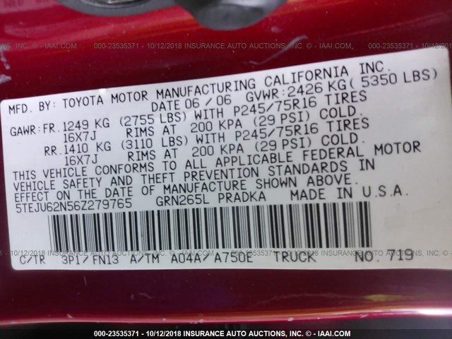 5TEJU62N56Z279765 - 2006 TOYOTA TACOMA DOUBLE CAB PRERUNNER RED photo 9