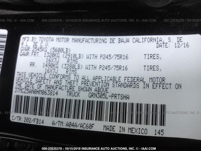 3TMCZ5AN0HM063814 - 2017 TOYOTA TACOMA DBL CAB/SR/TRDSPT/OR/PRO შავი ფოტო 9