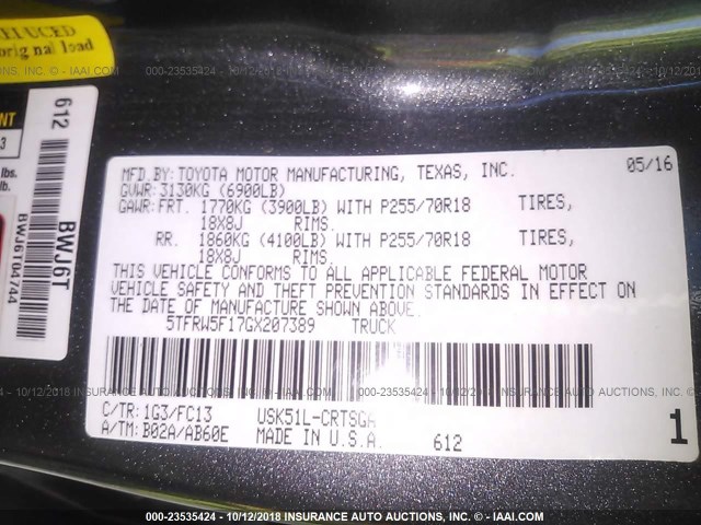 5TFRW5F17GX207389 - 2016 TOYOTA TUNDRA DOUBLE CAB SR/SR5 GRAY photo 9