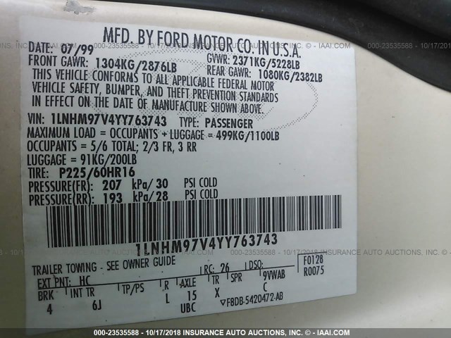 1LNHM97V4YY763743 - 2000 LINCOLN CONTINENTAL  Ақ фото 9