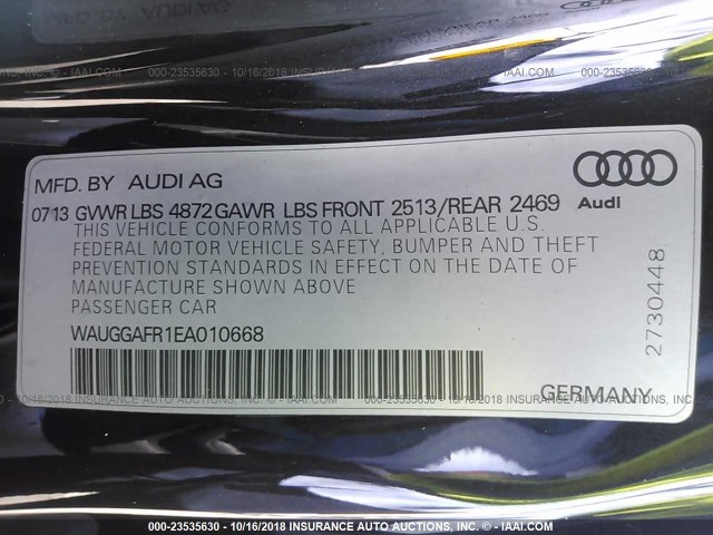 WAUGGAFR1EA010668 - 2014 AUDI S5 PREMIUM PLUS 黑色 照片 9