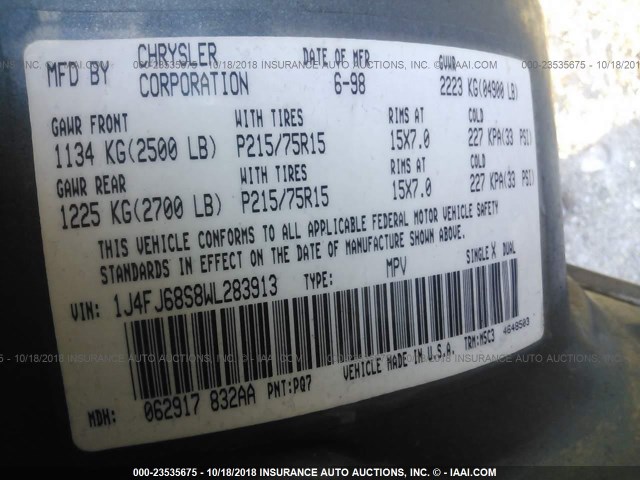 1J4FJ68S8WL283913 - 1998 JEEP CHEROKEE SPORT/CLASSIC ღია ლურჯი ფოტო 9