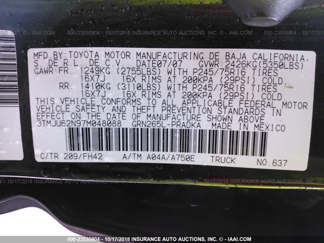 3TMJU62N97M048088 - 2007 TOYOTA TACOMA DOUBLE CAB PRERUNNER BLACK photo 9