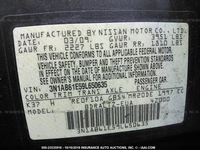 3N1AB61E59L650635 - 2009 NISSAN SENTRA 2.0/2.0S/2.0SL GRAY photo 9