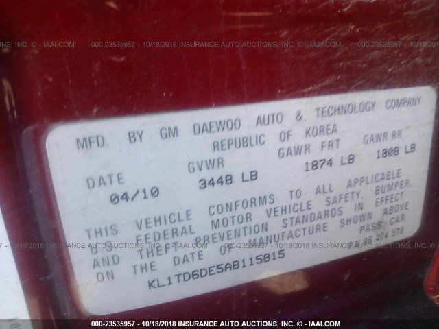 KL1TD6DE5AB115815 - 2010 CHEVROLET AVEO LS/LT წითელი ფოტო 9