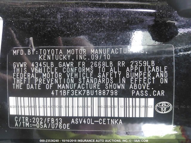 4T1BF3EK7BU188798 - 2011 TOYOTA CAMRY SE/LE/XLE 黑色 照片 9