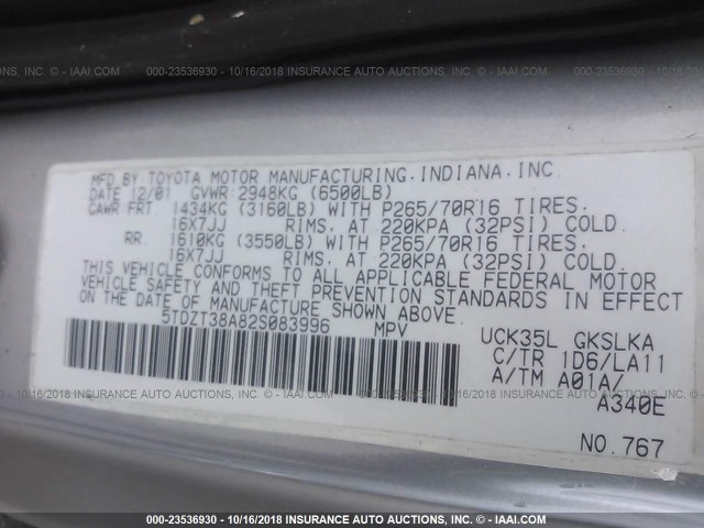 5TDZT38A82S083996 - 2002 TOYOTA SEQUOIA LIMITED GRAY photo 9