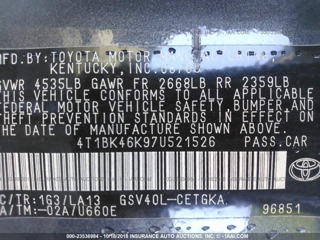 4T1BK46K97U521526 - 2007 TOYOTA CAMRY NEW GENERAT LE/XLE/SE GRAY photo 9