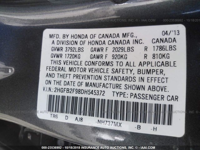 2HGFB2F98DH545372 - 2013 HONDA CIVIC EXL GRAY photo 9