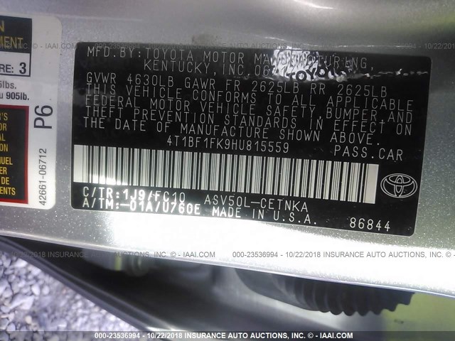 4T1BF1FK9HU815559 - 2017 TOYOTA CAMRY LE/XLE/SE/XSE SILVER photo 9